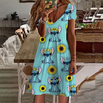 2022 Летнее Женское платье Disney's Lilo & Stitch с 3D принтом, V-образный Вырез, Повседневное Элегантное Платье Длиной до колен, Платье с принтом Подсолнуха, Новое