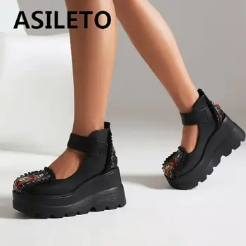 ASILETO/Модные женские туфли-лодочки на танкетке с квадратным носком 9 см, Двойная платформа с Вышивкой в виде крючка и петли, Большие Размеры 42 43, Повседневная Женская обувь в стиле панк