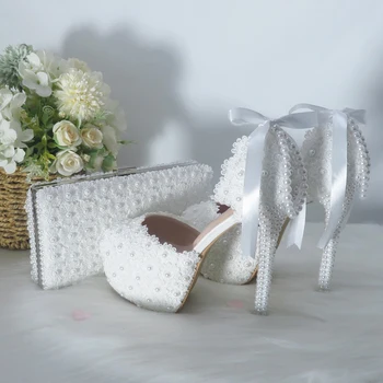 BaoYaFang Модные свадебные туфли и сумки с кисточками и жемчугом, туфли на платформе на высоком каблуке для невесты, женские вечерние туфли с ремешком на щиколотке, женские модельные туфли