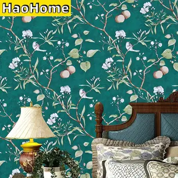HaoHome Обои с кожурой персикового дерева, зеленые обои, современные водонепроницаемые самоклеящиеся обои с цветами и птицами