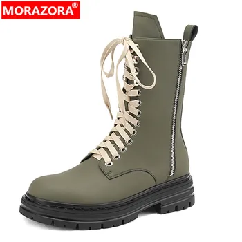 MORAZORA/2023, Новые ботильоны на платформе с перекрестной завязкой, модные женские ботинки из натуральной кожи, женская обувь на среднем толстом каблуке