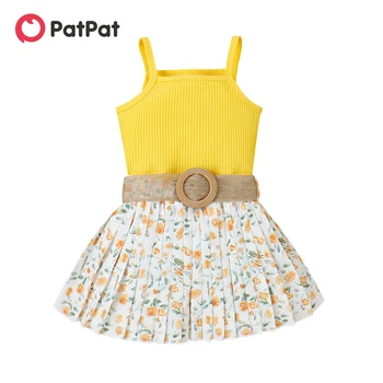 PatPat/ комплект из 3 предметов, милый укороченный камзол в рубчик для маленьких девочек, плиссированная юбка с цветочным принтом и пояс