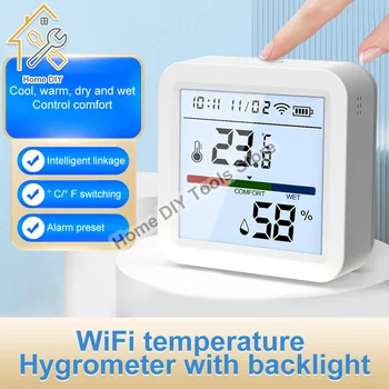 Tuya Умный WIFI Датчик температуры и влажности, Гигрометр для помещений, Термометр с подсветкой, ЖК-дисплей, приложение, Голосовой детектор