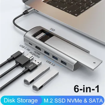 USB C КОНЦЕНТРАТОР с функцией хранения дисков M.2 SSD NVMe SATA Type C-Совместимая с HDMI док-станция для жесткого диска Macbook Pro Air M1 M2