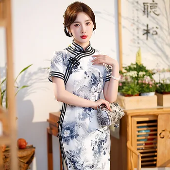 Yourqipao/ Летнее женское вечернее платье Ципао в китайском стиле с короткими рукавами и белым воротником-стойкой с принтом в стиле ретро для женщин
