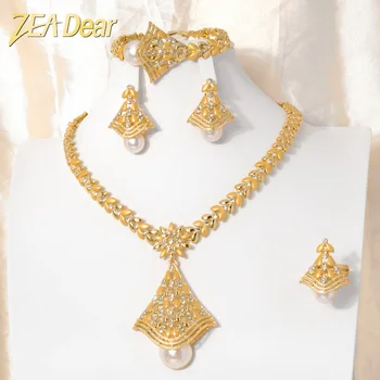 ZEA Dear Dubai Африканский Свадебный Ювелирный набор С Имитацией Жемчуга, Позолоченное Ожерелье, Серьги, Браслет, Кольцо, Женские Свадебные украшения