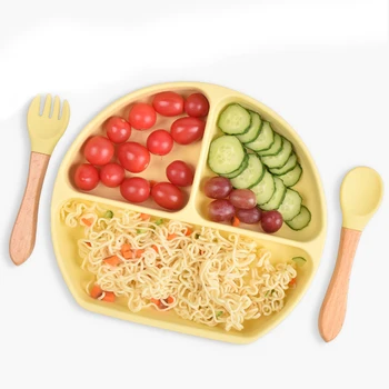 Безопасная для ребенка силиконовая обеденная тарелка, однотонная милая мультяшная детская посуда, всасывающая посуда для обучения малышей, детские миски для кормления