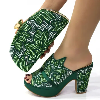 Благородная объемная сумка зеленого цвета с элегантными туфлями на высоком каблуке, Итальянский популярный дизайн, женская обувь в африканском стиле, комплект сумок