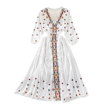 Весенне-летнее богемное платье в ретро-этническом стиле с вышивкой, V-образный вырез на талии, Трапециевидное Платье для отдыха на море, Длинное платье Vestidos
