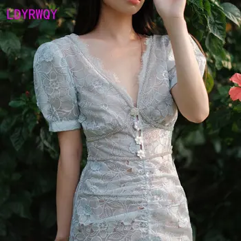 Весенне-летнее платье в цветочек с вышивкой 2023, с рукавами-пузырями, V-образным вырезом Fairy Fit