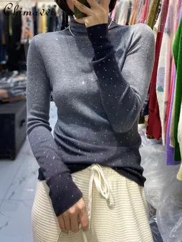 Весенне-осенний ворсовый воротник градиентного цвета, приталенный свитер с внутренним низом, Женский модный шерстяной пуловер с горячим бурением, вязаный топ