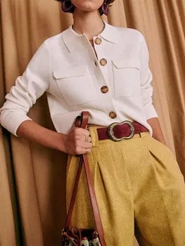 Женская рубашка, свитер с отложным воротником, 5 цветов, Длинный рукав в стиле сафари, Двойные карманы, Простой джемпер, Женский вязаный кардиган
