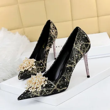 Женские Тонкие туфли, Пикантные банкетные туфли на тонком высоком каблуке с мелким надрезом, жемчужные туфли-лодочки с цветами и бриллиантами