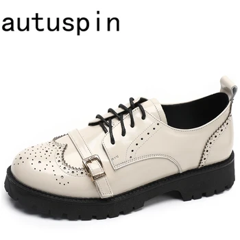 Женские туфли-лодочки на платформе AUTUSPIN 3,5 см, Новинка осени, пряжка для ремня в британском стиле, шнуровка, обувь из натуральной кожи, Большие размеры, Винтажная обувь для зрелых