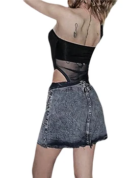 Женское боди Mubineo без бретелек, прозрачный комбинезон в стиле пэчворк с открытой спиной для клубной вечеринки (черный M)