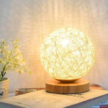Затемняемый льняной шар, ротанговый абажур, USB прикроватный ночник для спальни, домашний декор, светодиодная настольная лампа с луной, деревянный настольный шар, светильник