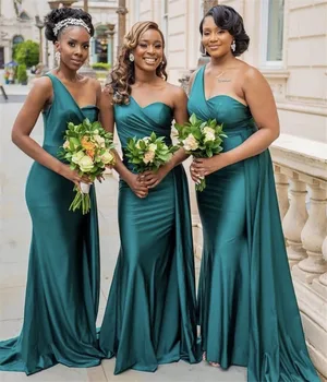 Зеленые платья Подружек Невесты без рукавов на одно плечо, Русалка, Шелковый атлас Для женщин, Элегантное платье для свадебной вечеринки, платья Подружек невесты