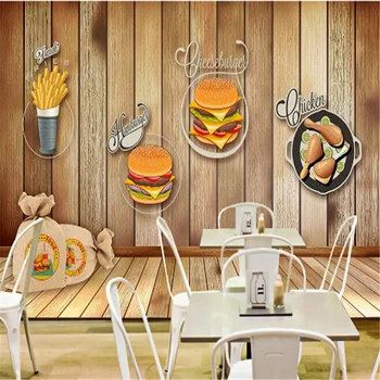 Изготовленный На Заказ Ресторан Быстрого Питания Бургеры Фон Деревянная Настенная Роспись Обои 3D Снэк-Бар Гамбургер Картофель фри Обои 3D