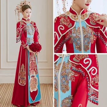 Изысканный Плащ С Вышивкой Бисером, Китайский Традиционный Свадебный Костюм Для Пары Чонсам, Элегантное Свадебное Платье Невесты китайская одежда