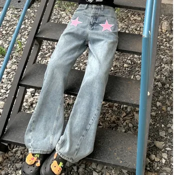 Корейские модные Синие прямые джинсы Harajuku с буквами, Высокая талия, Широкие брюки, Повседневные Уличные мешковатые джинсовые брюки, Женские Весенние