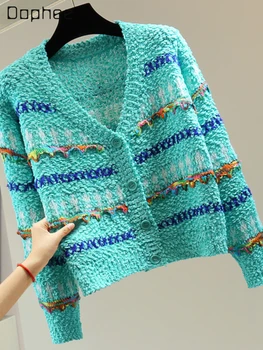 Короткий зеленый свитер с длинными рукавами в винтажную полоску 2023, осенне-зимний кардиган в полоску в корейском стиле с V-образным вырезом, маленький вязаный кардиган