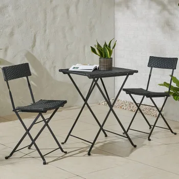 Кофейный стол и стулья из ротанга и стали из 3 предметов, черный
