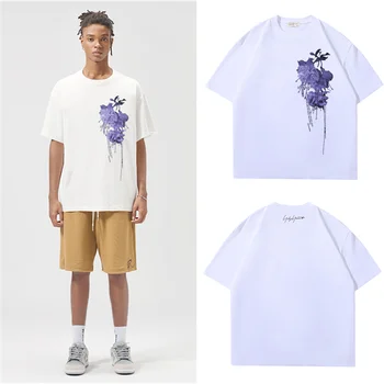 Мужская футболка Y-3 Yohji Yamamoto 2023, Японская Летняя Футболка С фиолетовым цветочным Принтом, Расслабленный Хлопковый Топ с коротким рукавом Y3 Для мужчин и женщин