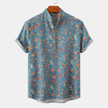 Мужские рубашки с 3D-печатью, рубашка со стоячим воротником в этническом стиле, топы с короткими рукавами, повседневная блузка Оверсайз
