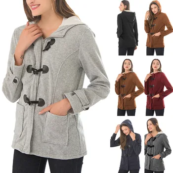 Пальто для женщин 2023, Женское осенне-зимнее пальто с роговыми пуговицами, женская Длинная шерстяная куртка с подкладкой и капюшоном