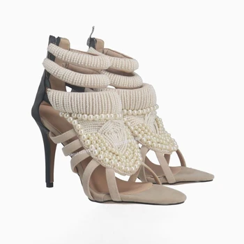 Плетеные Полые туфли-лодочки с жемчужным Декором, Женская обувь на каблуке с застежкой-молнией, Туфли на шпильке, Летние туфли на высоком каблуке в лаконичном стиле 2023, Zapatillas Mujer