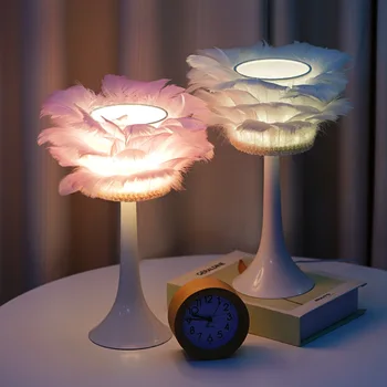 Теплая Романтическая настольная лампа с перьями, USB Пульт дистанционного управления, Затемняющий Розовый Ночник из перьев лебедя, Прикроватная декоративная лампа Dask