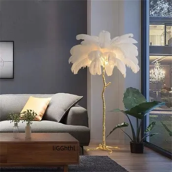 Скандинавский винтажный торшер Современный креативный латунный простой светодиодный светильник с перьями для домашнего декора гостиной спальни