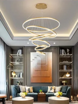 Современная светодиодная потолочная люстра, семейное освещение, алюминиевая матовая круглая люстра из золота и кофе, стол в гостиной, спальня